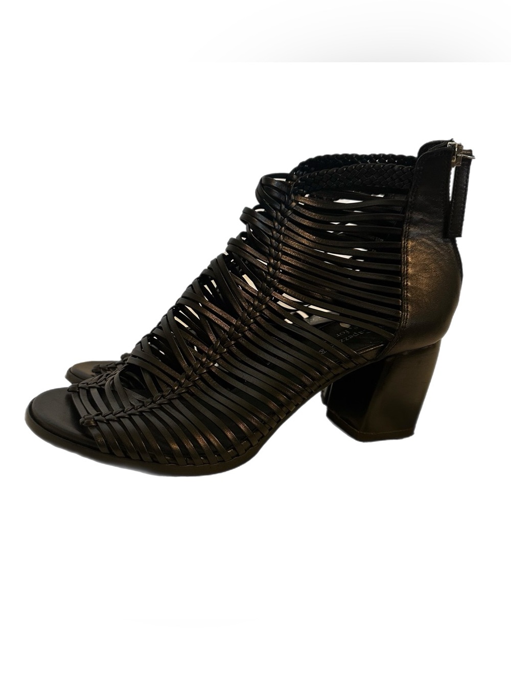 Woven Strappy Block Heel Sandal - Black Leather